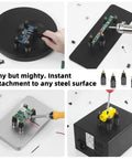 Magnetic PCB Holder Set For Soldering Dope 4 Piece Magnetic Base Pillar Stands Pro Grade Steel Board Holder For Electronics Repair Jewelry Craft Hobby Workshop in use on various surfaces.