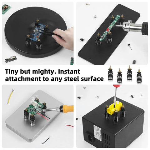 Magnetic PCB Holder Set For Soldering Dope 4 Piece Magnetic Base Pillar Stands Pro Grade Steel Board Holder For Electronics Repair Jewelry Craft Hobby Workshop in use on various surfaces.