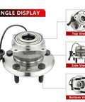 Rear Wheel Bearing And Hub Assembly Fits Chevy Equinox And GMC Terrain 2010 Through 2017 5 Lug With ABS Bolt On Drop In Replacement For A Quiet Smooth Ride And Easy Installation, showing top, side, and bottom views.