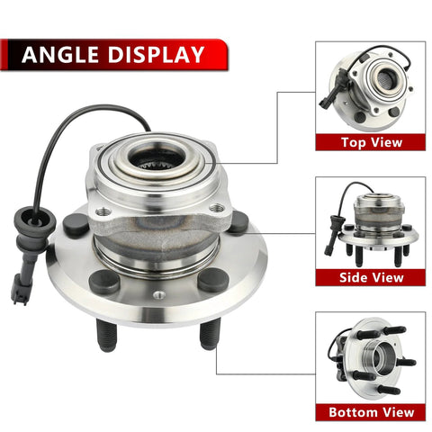 Rear Wheel Bearing And Hub Assembly Fits Chevy Equinox And GMC Terrain 2010 Through 2017 5 Lug With ABS Bolt On Drop In Replacement For A Quiet Smooth Ride And Easy Installation, showing top, side, and bottom views.
