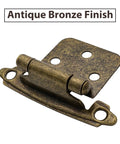1/2 Inch Overlay Cabinet Door Hinges Featuring Durable Antique Brass Coating And Smooth Self Closing Action, close-up view of antique bronze finish hinge.