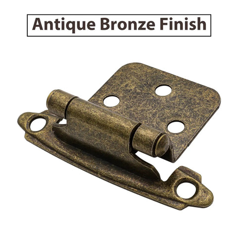 1/2 Inch Overlay Cabinet Door Hinges Featuring Durable Antique Brass Coating And Smooth Self Closing Action, close-up view of antique bronze finish hinge.