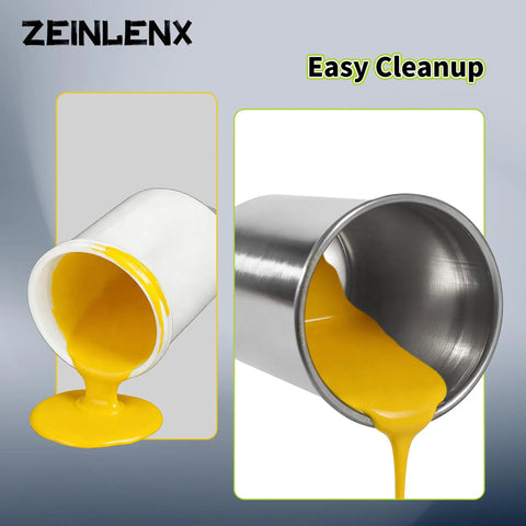 Heavy Duty Polished Aluminum Gravity Feed Spray Gun Paint Cup With One Thousand Milliliter Reservoir pouring yellow paint.