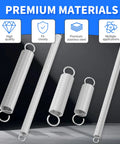 Premium 304 Stainless Steel Extension Springs With Double Hook Ends 10 Piece Pack displayed in various sizes on a dark background.