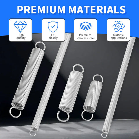 Premium 304 Stainless Steel Extension Springs With Double Hook Ends 10 Piece Pack displayed in various sizes on a dark background.