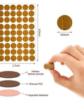 Wood Grain Adhesive Screw Hole Cover Sticker Set, 648 Pieces, 12 Colors, Waterproof PVC Caps displayed with sizing details.