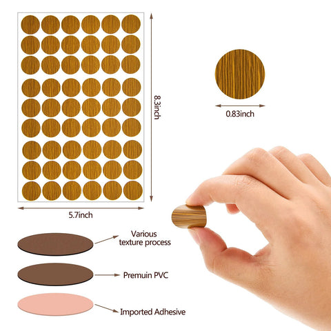 Wood Grain Adhesive Screw Hole Cover Sticker Set, 648 Pieces, 12 Colors, Waterproof PVC Caps displayed with sizing details.