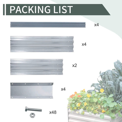 Packing list for Galvanized Raised Garden Bed With Two Roomy Planter Compartments 71 By 35 By 12 Inches, parts and assembled view