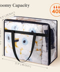 4 Pack Clear 40L Plastic Clothes Storage Bags With Zipper, Vinyl Foldable Moving Bags with bedding inside, size shown