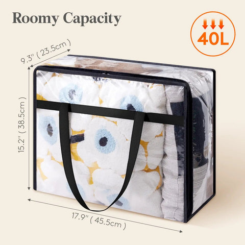 4 Pack Clear 40L Plastic Clothes Storage Bags With Zipper, Vinyl Foldable Moving Bags with bedding inside, size shown