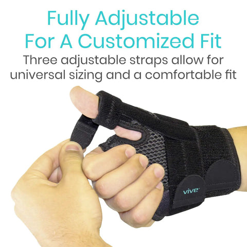 Adjustable black thumb and wrist spica splint brace for right or left hand with adjustable straps for carpal tunnel, tendonitis relief.