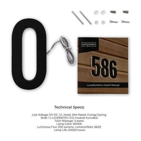 10 Inch Stainless Steel LED House Number Sign With 6000K Bright White Backlight Waterproof Outdoor Address Plate Built To Last In A Sleek Black Finish No Fuss Set Up Easy With 9V DC Power Supply next to installation manual and mounting hardware
