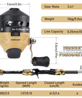 Diagram of kids fishing rod and reel combo with dimensions, showing gear ratio, weight, and line capacity details.