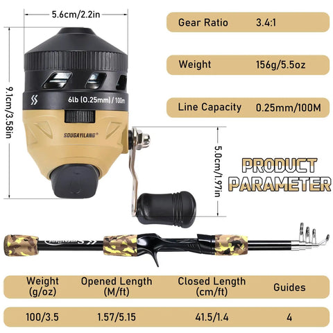 Diagram of kids fishing rod and reel combo with dimensions, showing gear ratio, weight, and line capacity details.