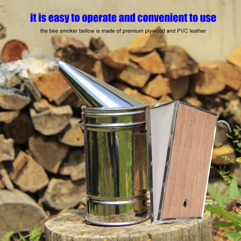 Bee Smoker Bellows For Beehive Replacement Plywood Box With PVC Leather Clip Included 19x12 Cm next to metal smoker on woodpile