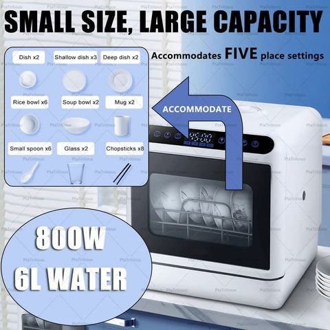 Compact Countertop Dishwasher Handles The Heavy Lifting With Automatic 1000 Watt Cleansing Cycles, fits five place settings with 6L capacity.