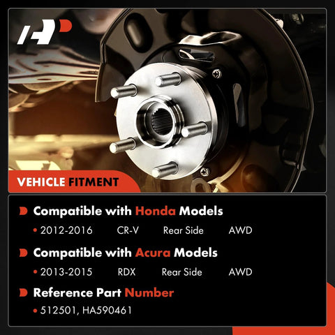 Close-up of a wheel hub assembly for Honda CR-V 2012-2016 and Acura RDX 2013-2015 AWD, showing metal construction and fitting.