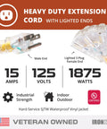 Beefy Heavy Duty 50Ft 10 Gauge Outdoor Lighted Extension Cord With 3 Outlets 15 Amp SJTW Yellow Weather Resistant Copper