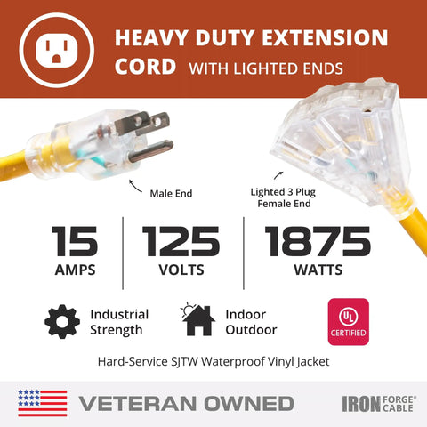 Beefy 75ft 10 Gauge Outdoor Extension Cord With 3 Outlets Heavy Duty Power Cable 15 Amp 10/3 SJTW Yellow Lighted End