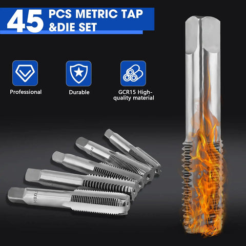 Pro Grade 45 Piece Tap and Die Set for Cutting External and Internal Threads With Adjustable Handles and Case Essential Metric Threading Kit for Home Workshop displayed with flames.