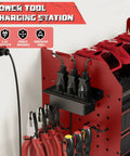 Power Tool Organizer Wall Mount With Charging Station For Your Garage With Customizable 15 Inch Shelves 8 Drill Holders 4 Pegboard Hooks Six And A Half Feet Power Strip Heavy Duty Garage Organizer A Must Have Gift For DIY Fans shown side view with tools and plugs
