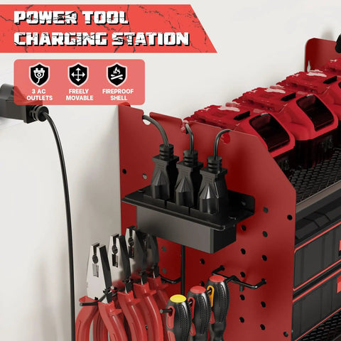Power Tool Organizer Wall Mount With Charging Station For Your Garage With Customizable 15 Inch Shelves 8 Drill Holders 4 Pegboard Hooks Six And A Half Feet Power Strip Heavy Duty Garage Organizer A Must Have Gift For DIY Fans shown side view with tools and plugs