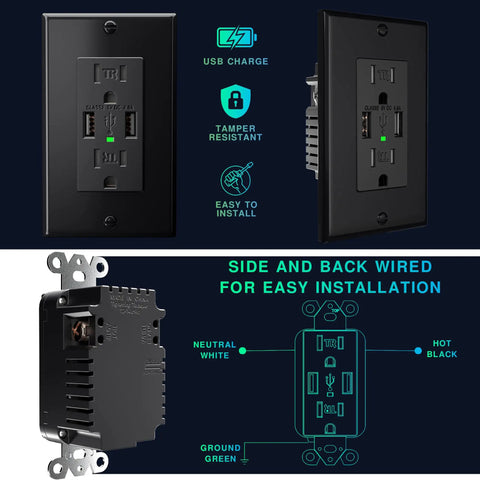 Diagram and close-up of 10 Pack 4.8A USB Wall Outlet With Dual USB Ports 15A Tamper Resistant Duplex Receptacle UL Listed White
