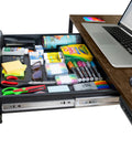 Built Like a Tank Heavy Duty Under Desk Drawer Slide Out with organized office supplies, 23.6 inch carbon steel pencil bin.