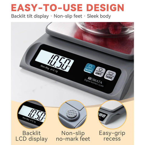 Must Have Digital Kitchen Scale With 13lb Capacity And 0.1g Precision Removable Stainless Steel Pan Backlit LCD Display in grey