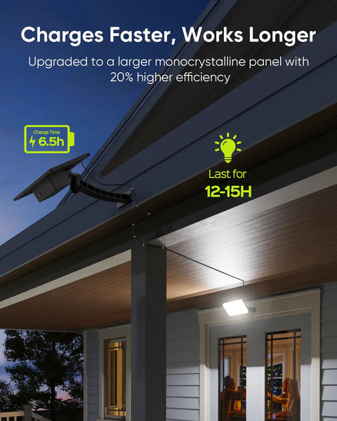 Ridiculously Bright Solar Dusk To Dawn Flood Light With 1000 Lumens, 299 LED on a porch, adjustable solar panel visible