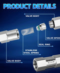 Exploded view of 1/2 inch stainless steel spring check valve showing valve body, spool, spring, and seal ring components.