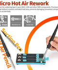 All-In-One Micro Soldering And Hot Air Rework Station with hot air pencil and suction pen in action on a circuit board
