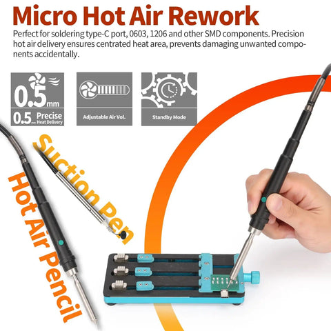 All-In-One Micro Soldering And Hot Air Rework Station with hot air pencil and suction pen in action on a circuit board