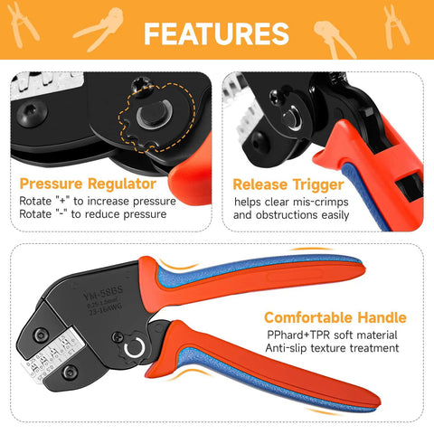 Close-up of Ratcheting Crimping Tool Kit Pro Grade showing handle, pressure regulator, and release trigger.