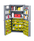 Built Tough 16 Gauge Steel Storage Cabinet With 68 Bright Yellow Plastic Bins organized with tools and supplies displayed.