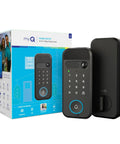 Top Shelf 3 In 1 Smart Lock With 2K Hdr Video Doorbell Camera featuring keypad, black finish, and included packaging.
