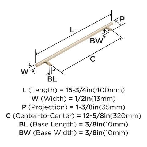 Diagram of Champagne Bronze Cabinet Pull 12-5/8 Inch Center To Center Bar Handle with dimensions labeled