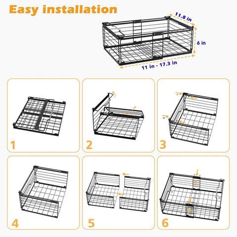 Installation guide for Four Large Expandable Freezer Bins With Easy Grab Handles, showing assembly steps and dimensions.