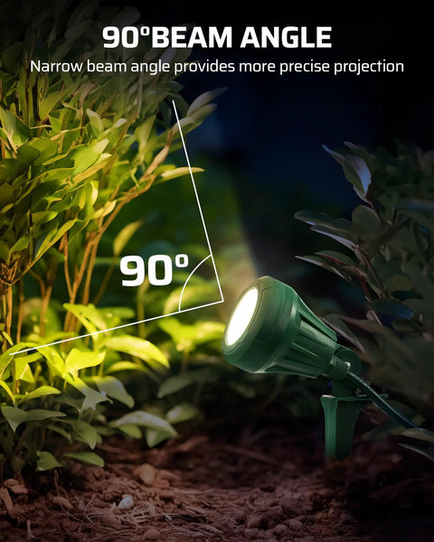 Outdoor LED Spotlight Yard Ready with three color lenses Red Yellow Green, waterproof lighting showing 90-degree narrow beam angle