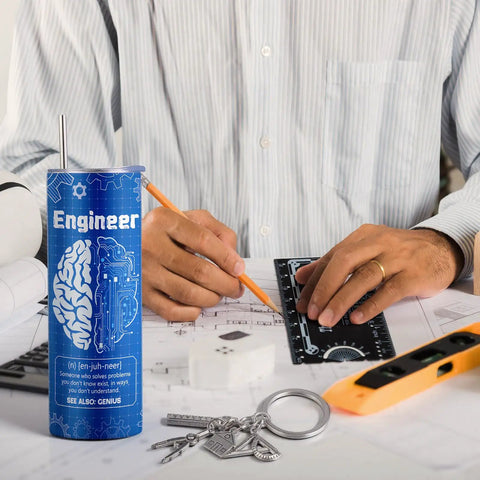 Six Piece Engineering Graduation Gift Set For Men Including Stainless Tumbler Cup, Engineering Ruler, Keychain, and Design Plans
