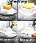 Operation steps showing Absolute Knock Out Electric Cake Smoother And Automatic Frosting Spreader with cake preparation.