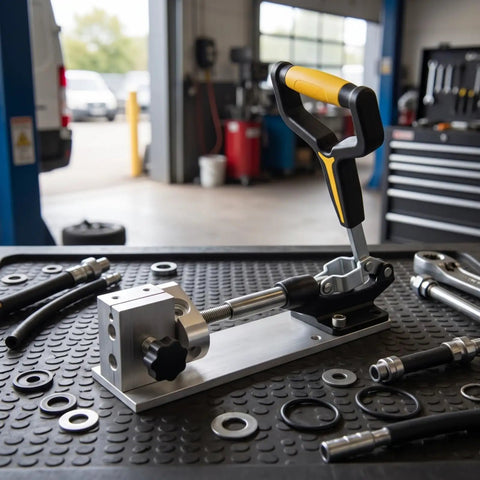 Heavy Duty Vehicle Connector Pipe Press Clamping Tool With Adjustable Bench Vise Block And Lever Mechanism metal structure on workbench.