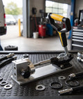 Heavy Duty Pipe Press Clamp Tool Leverage Vise Press Block For Metal Fittings With Hand Grip on workbench in garage workshop.