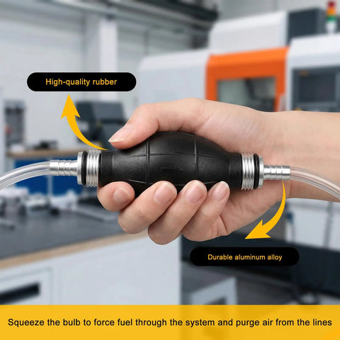 Real Deal Manual Fuel Transfer Pump With Hella Durable Rubber Bulb Grip Quick Prime Fuel Line 8mm 5 16 Inch Fits Most Cars Trucks And Boats Sweet Fix For Gasoline Diesel Engines in hand with rubber bulb grip.