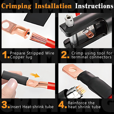 Installation steps for Ultimate Battery Terminal Kit with 240 Pcs Copper Ring Lugs and Crimp Connectors for AWG 8 to 4/0 Gauge.