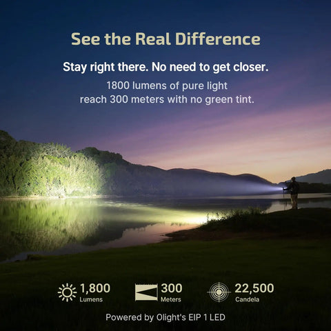 Tiny But Mighty Pocket Light Baton Ultra EDC Flashlight 1800 Lumen illuminating lake at night, person holding flashlight.