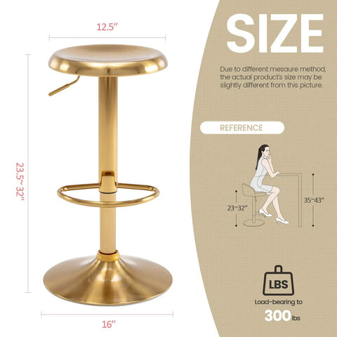 Adjustable Swivel Bar Stools Set Of 2 Round Gold Brushed Metal Airlift Stools with dimensions and weight capacity shown