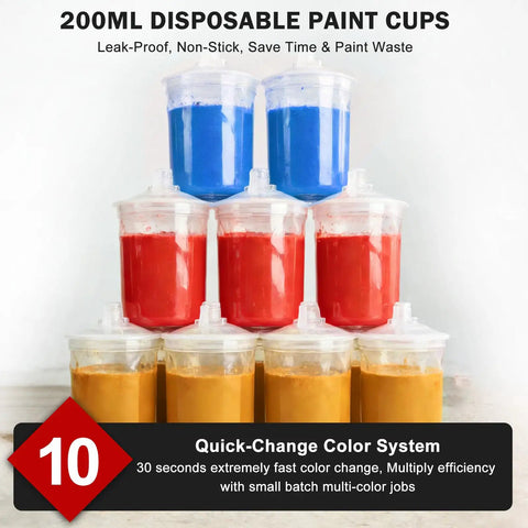 200ml disposable paint cups stacked with red, blue, and yellow colors for Mini Hvlp Spray Gun With Dual Nozzles And Disposable Paint Cups Top Shelf Automotive Touch Up Sprayer.