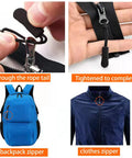 Essential 1 Inch Side Release Buckles Kit With Dual Slides Tri Glide And D Rings Gear Zipper Pulls For Webbing Straps Pet Collar Backpacks DIY Projects And Quick Fixes Must Have shown with usage on zippers and backpack.