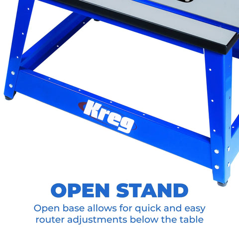 PRS2100 Bench Top Router Table For Home Workshops with open blue metal stand and adjustable base.